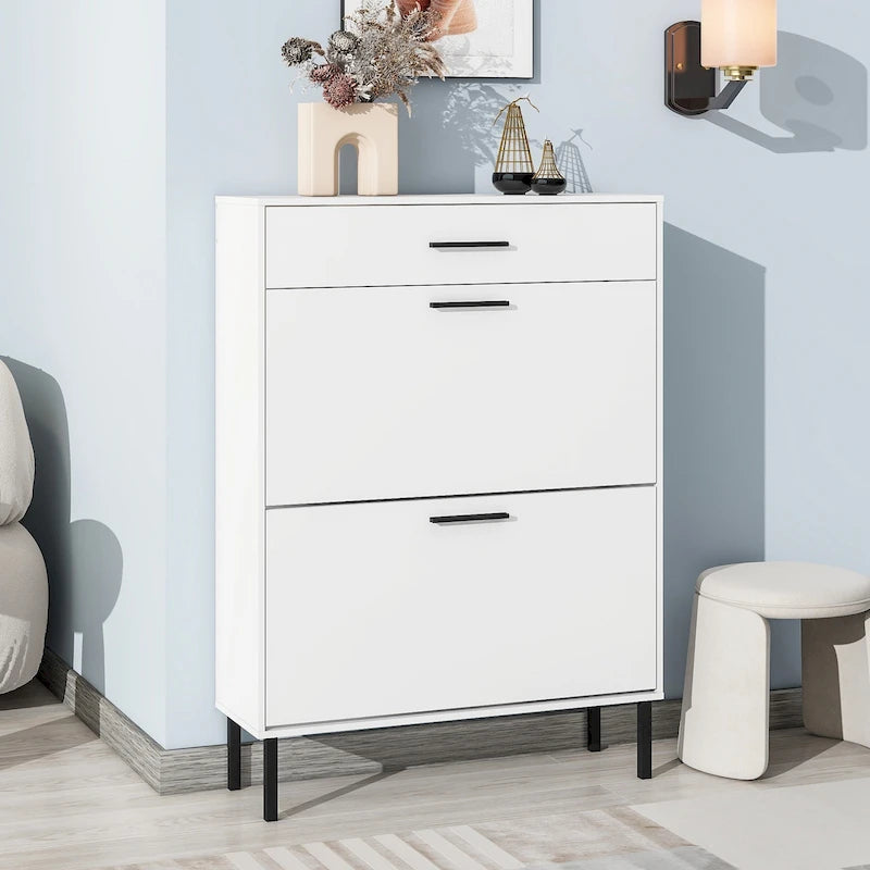 Meuble de rangement à chaussures autoportant avec tiroirs et pieds en métal, Armoire à chaussures moderne avec 2 tiroirs à abattant
