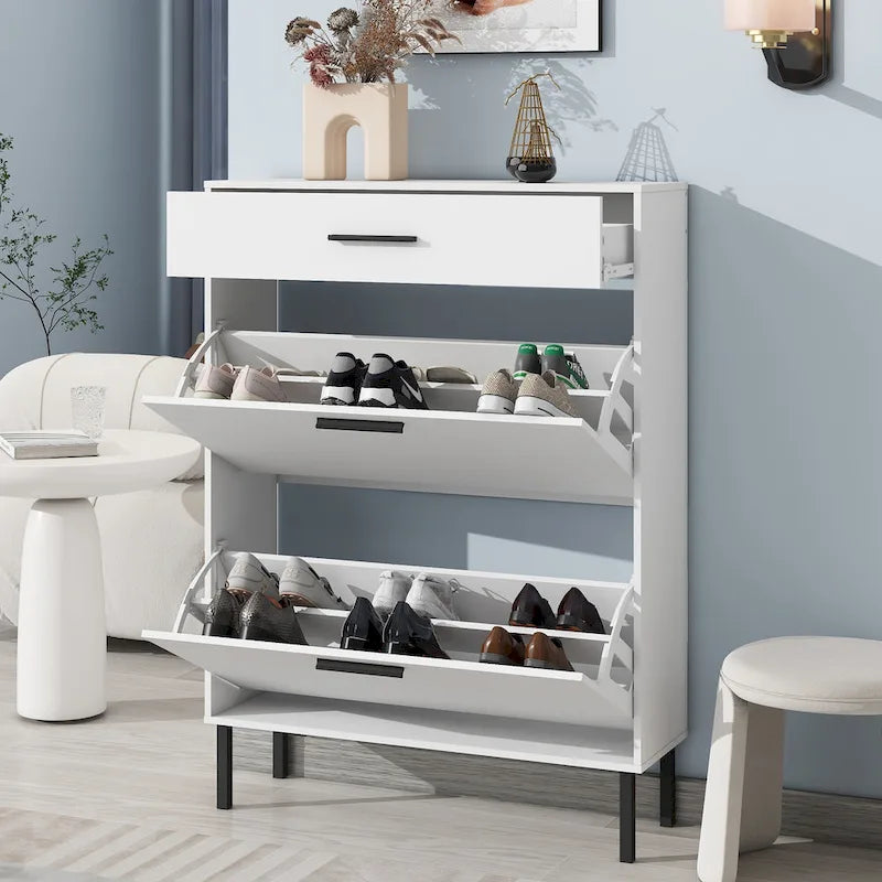 Meuble de rangement à chaussures autoportant avec tiroirs et pieds en métal, Armoire à chaussures moderne avec 2 tiroirs à abattant