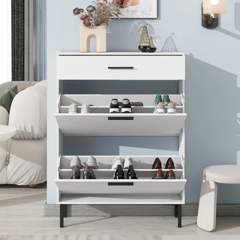 Meuble de rangement à chaussures autoportant avec tiroirs et pieds en métal, Armoire à chaussures moderne avec 2 tiroirs à abattant