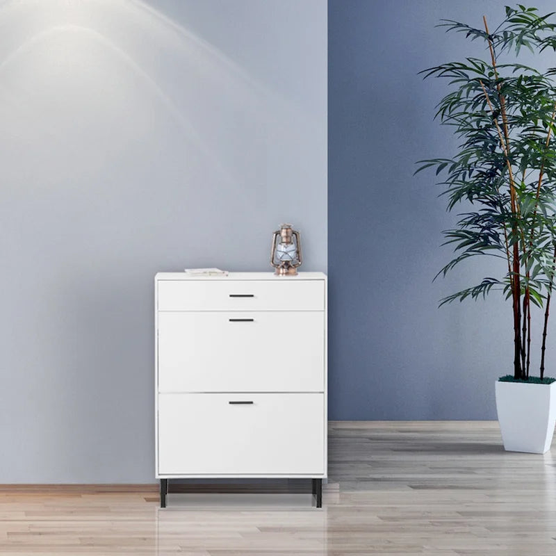 Meuble de rangement à chaussures autoportant avec tiroirs et pieds en métal, Armoire à chaussures moderne avec 2 tiroirs à abattant