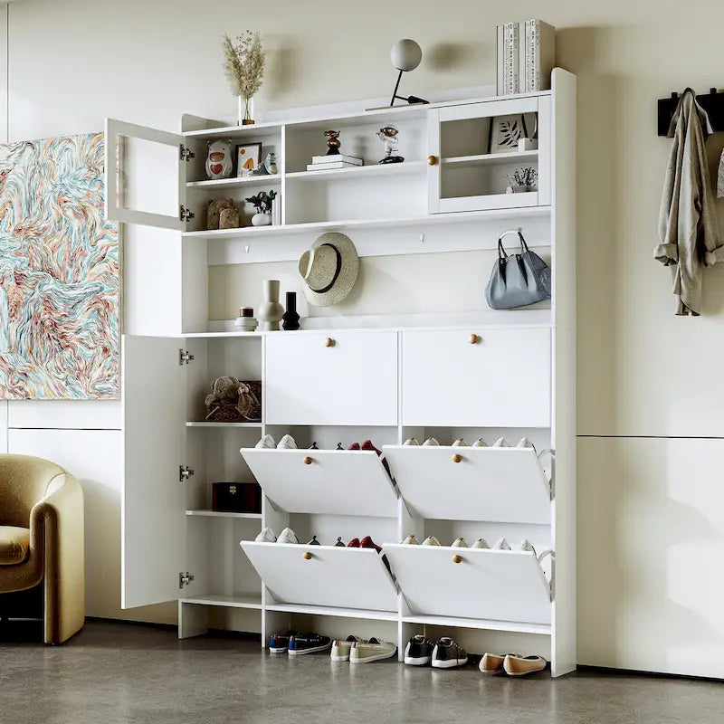 Multifunctional Tipping Bucket Shoe Cabinet with Storage Shelf & 6 Flip Drawers, Large Hall Tree with Tempered Glass Doors
