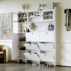 Multifunctional Tipping Bucket Shoe Cabinet with Storage Shelf & 6 Flip Drawers, Large Hall Tree with Tempered Glass Doors