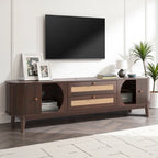 Meuble TV en rotin pour téléviseurs jusqu'à 75 pouces, meuble console de divertissement avec pieds en bois massif