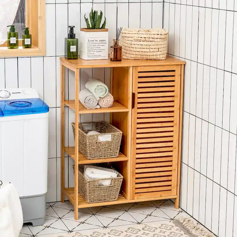 Costway Meuble de Salle de Bain sur Pied en Bambou avec Porte Simple & - Voir Détails