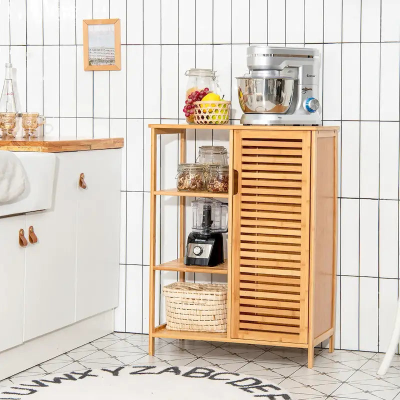 Costway Meuble de Salle de Bain sur Pied en Bambou avec Porte Simple & - Voir Détails
