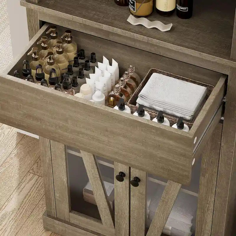 Meuble de rangement haut de 169 cm, Meuble de rangement de salle de bain avec 5 étagères et un tiroir