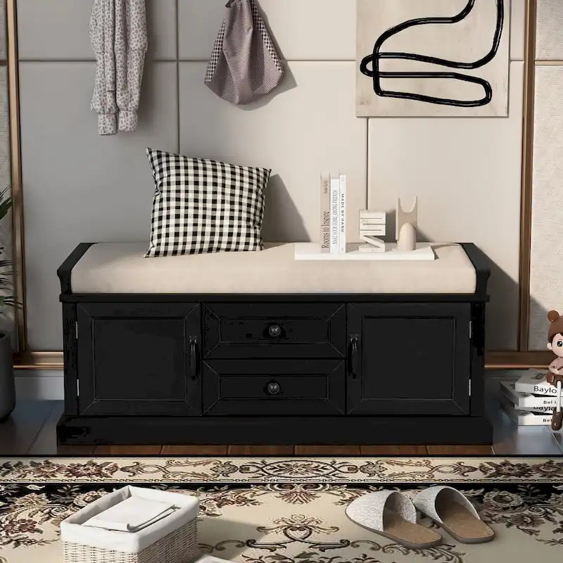 Banc de rangement en bois massif avec 2 tiroirs et 2 armoires, étagère à chaussures d'entrée de 108 cm avec coussin amovible pour salon et couloir