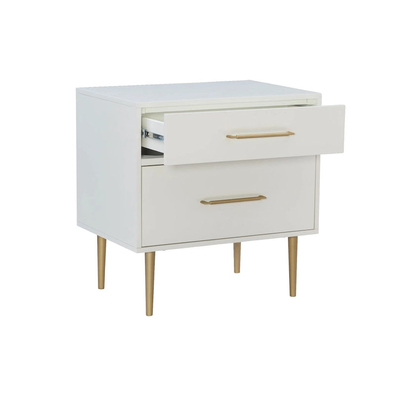 Table de chevet blanche à deux tiroirs de 25,75 po avec poignées dorées