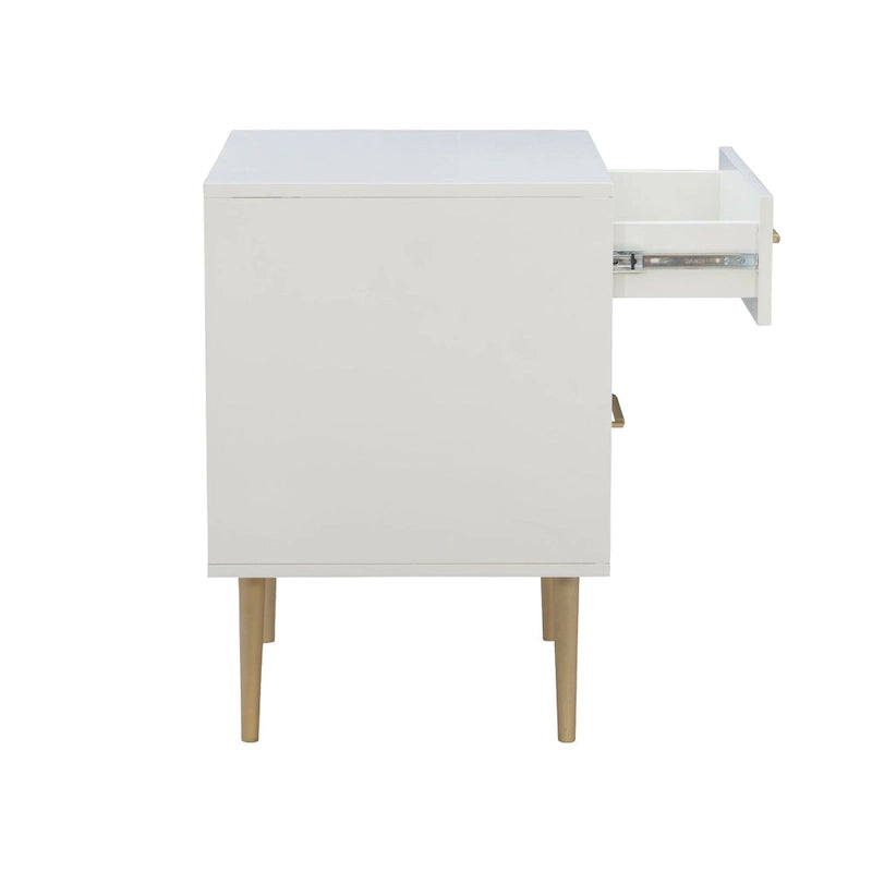 Table de chevet blanche à deux tiroirs de 25,75 po avec poignées dorées