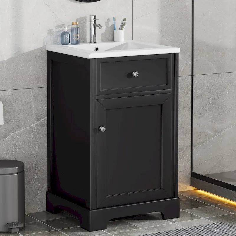 Meuble-lavabo de salle de bain de 50 cm avec vasque en céramique, meuble bas de salle de bain avec rangement à 2 niveaux et étagères