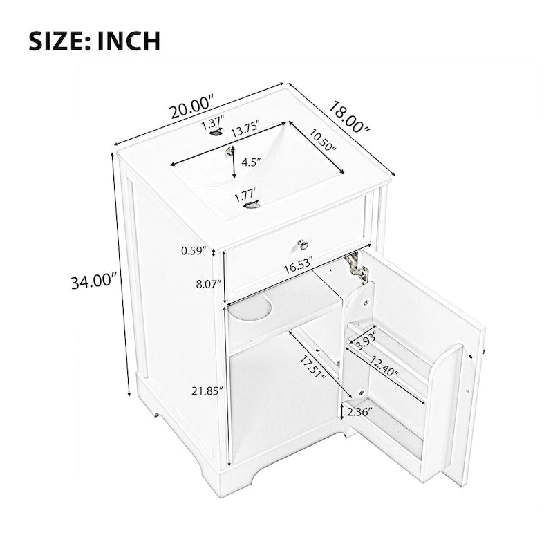 Meuble-lavabo de salle de bain de 50 cm avec vasque en céramique, meuble bas de salle de bain avec rangement à 2 niveaux et étagères