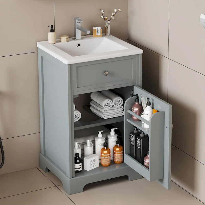 Meuble-lavabo de salle de bain de 50 cm avec vasque en céramique, meuble bas de salle de bain avec rangement à 2 niveaux et étagères
