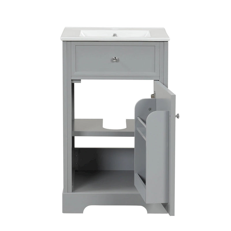 Meuble-lavabo de salle de bain de 50 cm avec vasque en céramique, meuble bas de salle de bain avec rangement à 2 niveaux et étagères