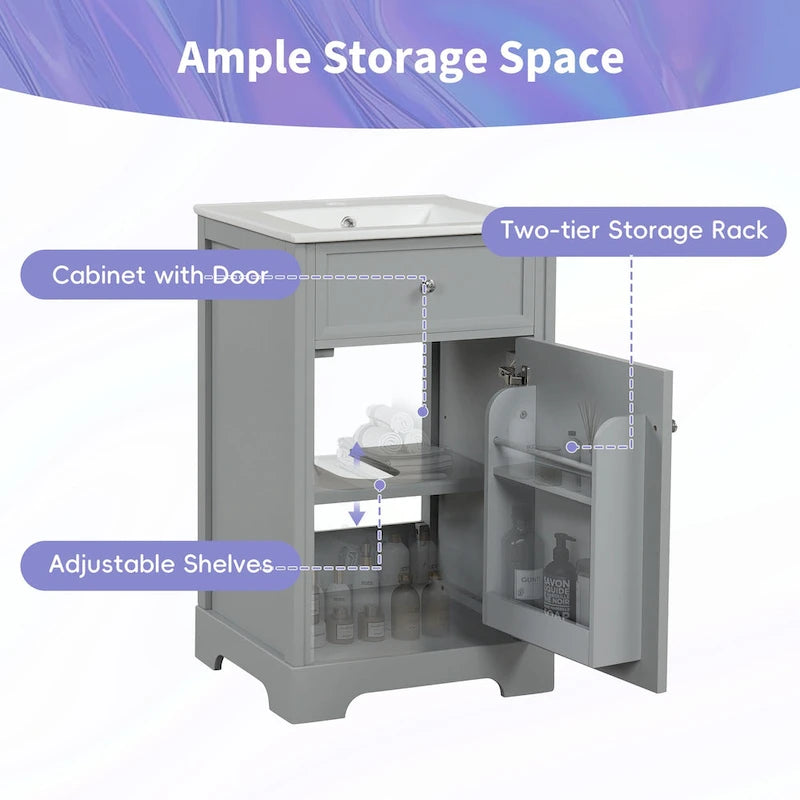 Meuble-lavabo de salle de bain de 50 cm avec vasque en céramique, meuble bas de salle de bain avec rangement à 2 niveaux et étagères