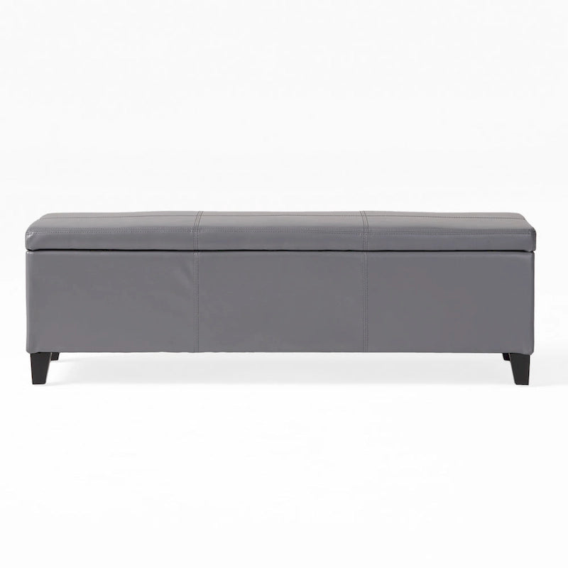 Banc de rangement ottoman Elias, cuir synthétique gris, détails surpiqués, 130 cm
