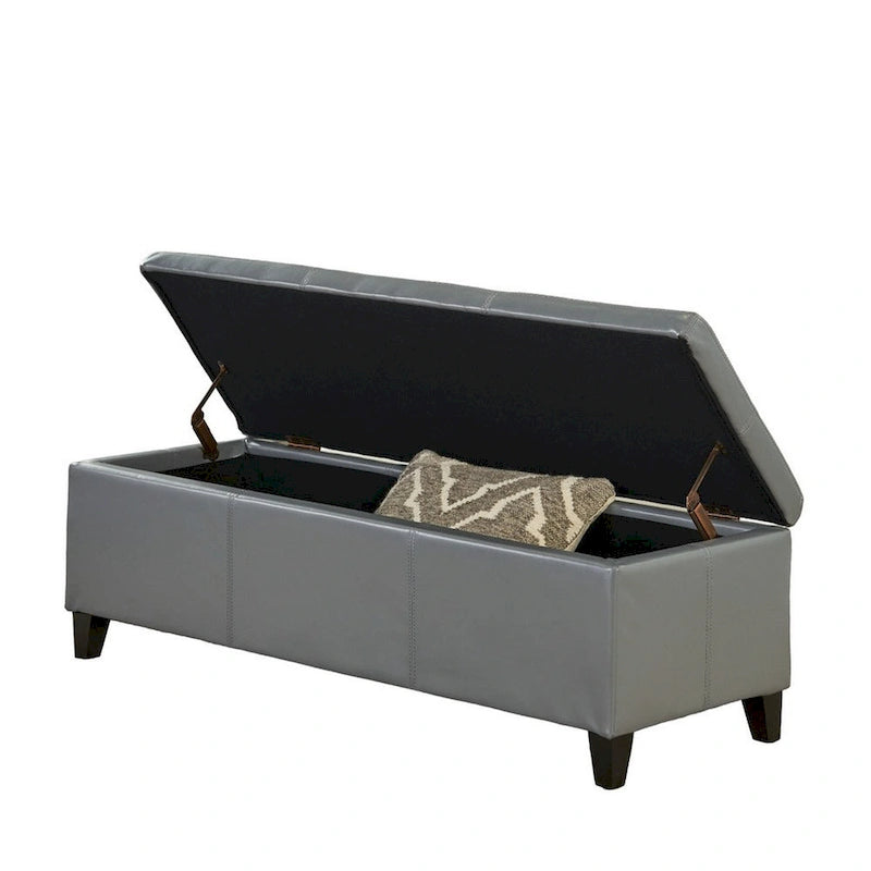 Banc de rangement ottoman Elias, cuir synthétique gris, détails surpiqués, 130 cm