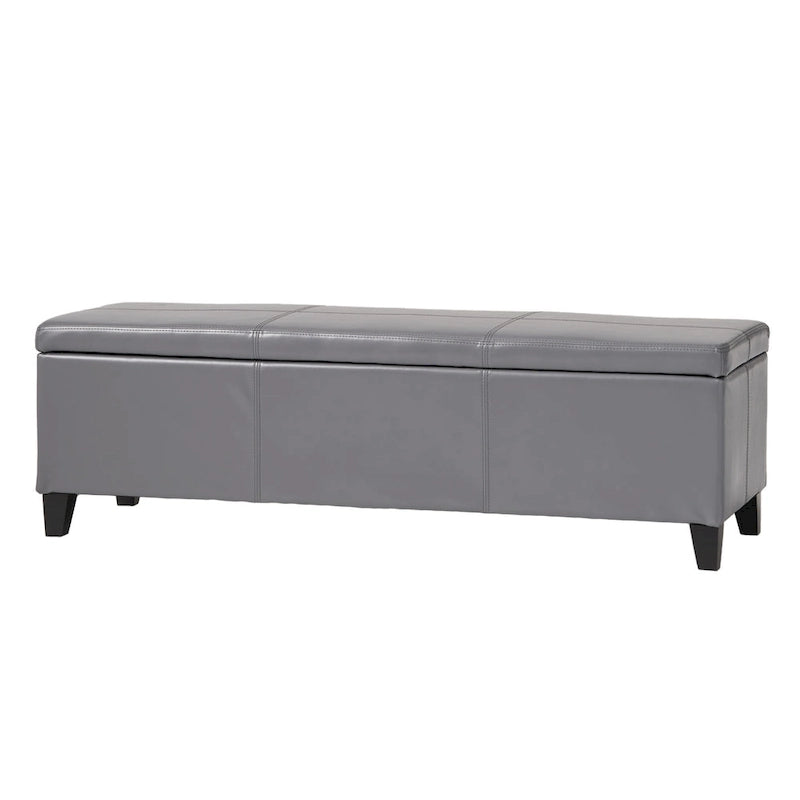 Banc de rangement ottoman Elias, cuir synthétique gris, détails surpiqués, 130 cm
