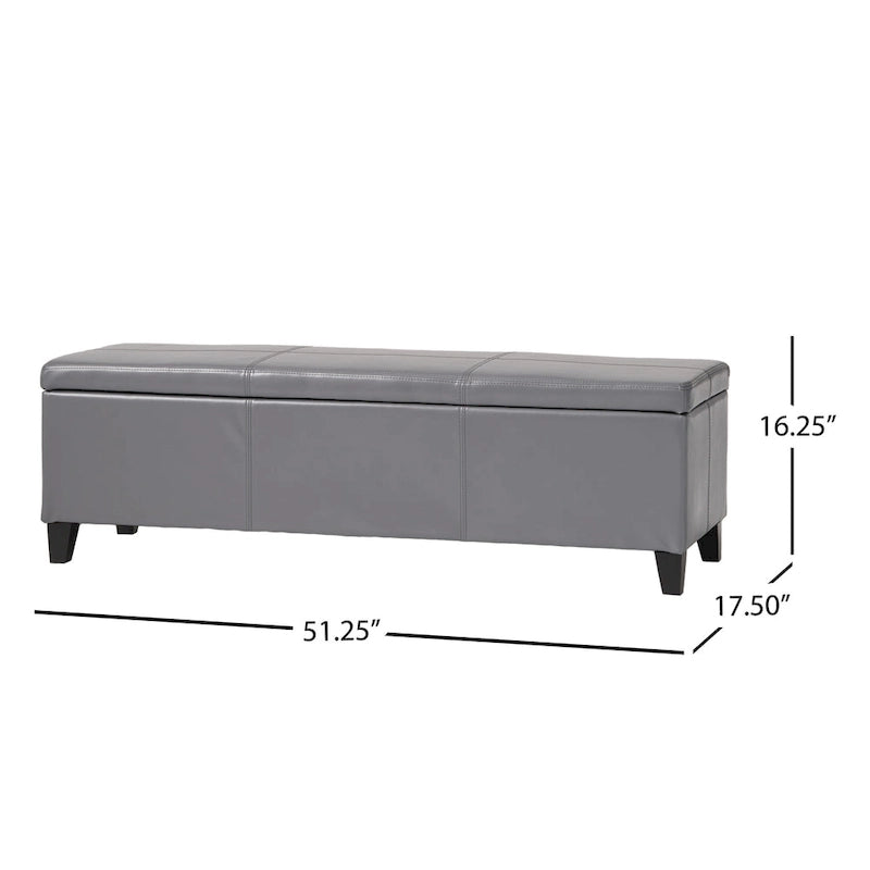 Banc de rangement ottoman Elias, cuir synthétique gris, détails surpiqués, 130 cm
