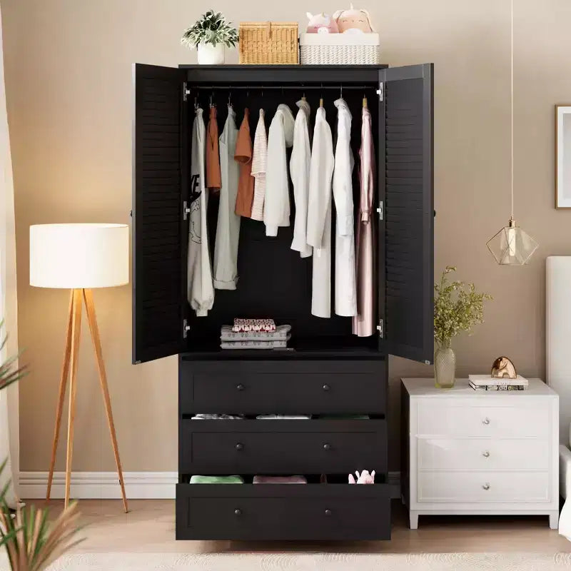 COZONY Armoire penderie avec 3 tiroirs et 2 portes, Placard de rangement moderne en bois pour chambre à coucher, Armoire sur pied blanche robuste