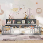 Lit de sol Montessori double/complet avec étagères de rangement et barrières de sécurité Blanc/Gris