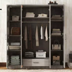 Armoire 4 portes en bois avec tringle, 1 tiroir et étagères de rangement