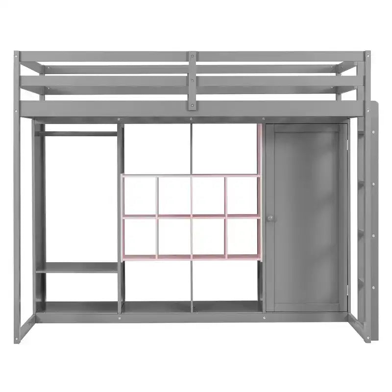 Lit mezzanine enfant avec armoire et étagères, Cadre de lit mezzanine en bois avec meuble de rangement pour enfants et adolescents