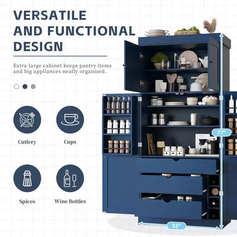 Garde-manger de cuisine autoportant 77H, armoire de rangement de style ferme avec étagères réglables, étagères de porte, tiroirs et casiers à vin - ModernLuxe