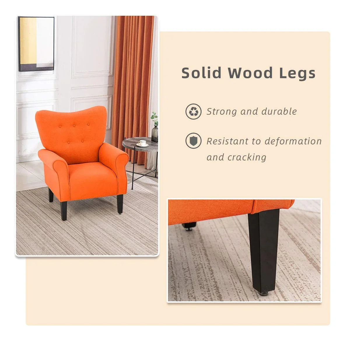Fauteuil d'appoint moderne Erommy, fauteuil à dossier haut, canapé simple en tissu rembourré avec boutons et pieds en bois pour salon