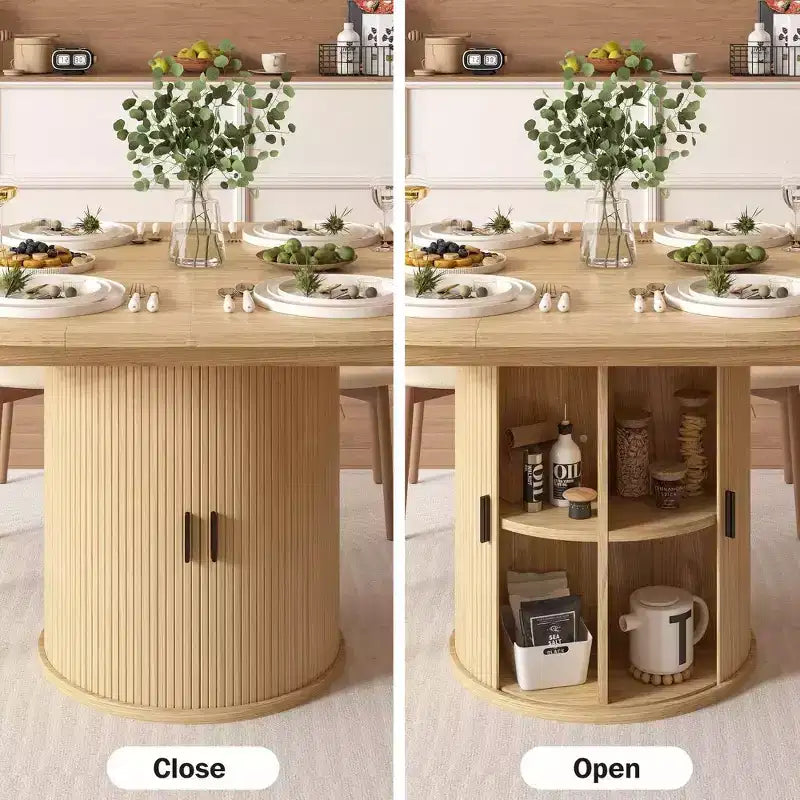 Dyonery 63 Table de salle à manger de cuisine ronde extensible avec étagère de rangement à 2 niveaux, avec base piédestal, meuble de salle à manger ovale en bois, noyer