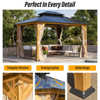 Tonnelle EROMMY à toit rigide, pergola extérieure avec double toit, moustiquaire et rideaux, auvent robuste pour patio, jardin, fête au bord de la piscine