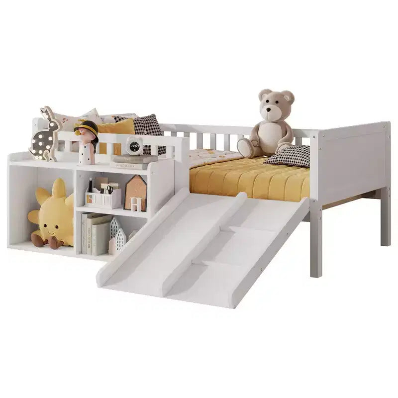 Lit superposé simple Whisen pour enfant avec toboggan, étagère de rangement mobile, balustrades, cadre de lit mezzanine bas