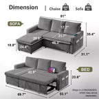 Canapé-lit Dyonery 2-en-1 avec méridienne de rangement, canapé sectionnel en velours côtelé avec ports USB pour salon