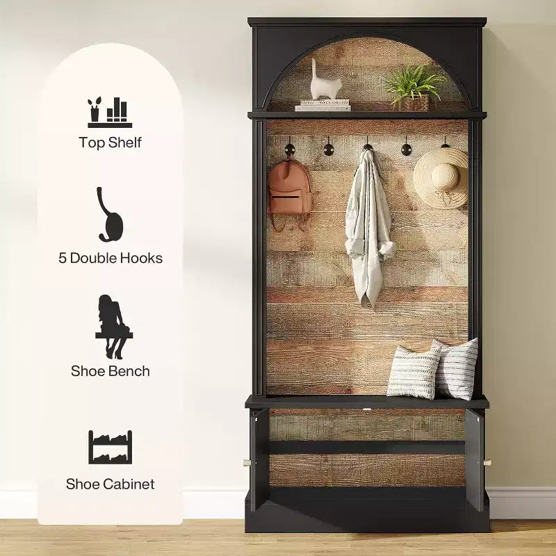 Lantine 70.86 Meuble d'entrée avec banc, rangement d'entrée 4-en-1 : porte-manteau, étagère à chaussures, banc de vestiaire pour couloir