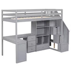 Lit mezzanine une place avec bureau en L, 3 tiroirs, placard, rangements intégrés dans l'escalier, en pin massif/MDF