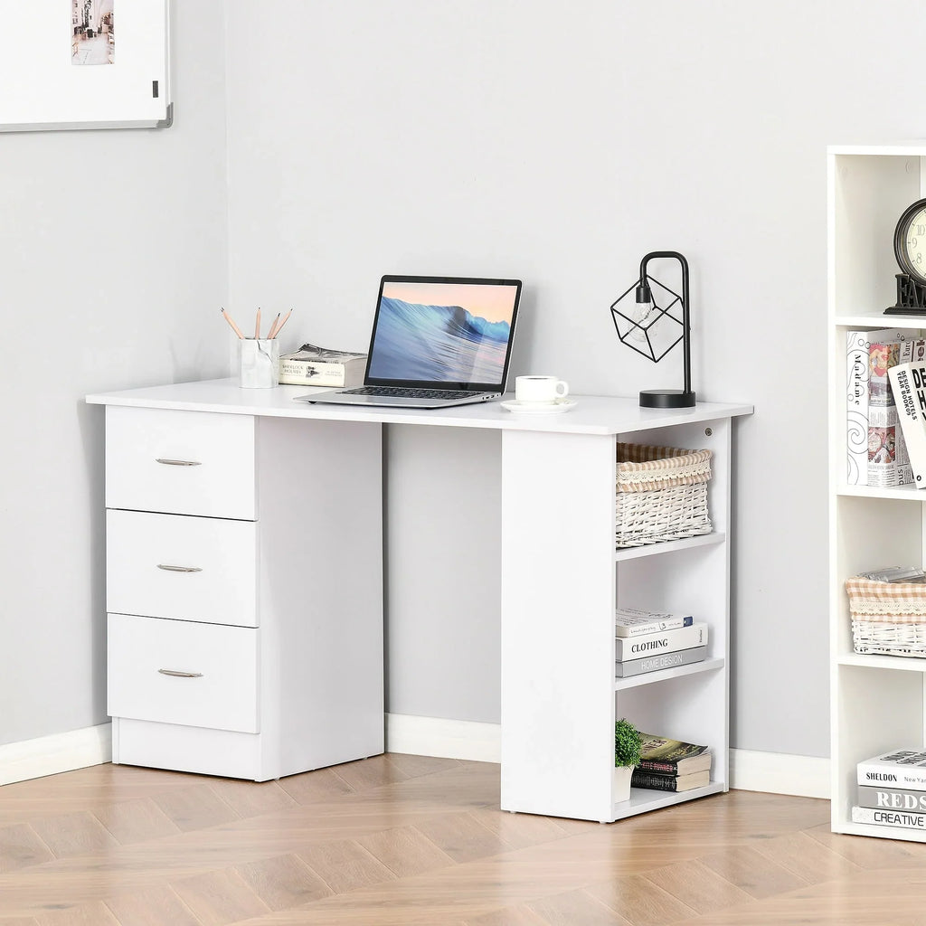 HOMCOM Bureau d'ordinateur moderne 47" pour la maison et le bureau, combo bibliothèque, table d'écriture, poste de travail avec 3 tiroirs et étagère de rangement - Blanc