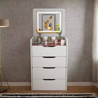 Coiffeuse 3-en-1 Okak avec miroir rabattable, coiffeuse compacte avec plateau en verre visible et tabouret rembourré, coiffeuse pour chambre à coucher