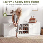 Banc à chaussures 2 portes avec étagères réglables et espace de rangement caché Naturel + Blanc/Blanc