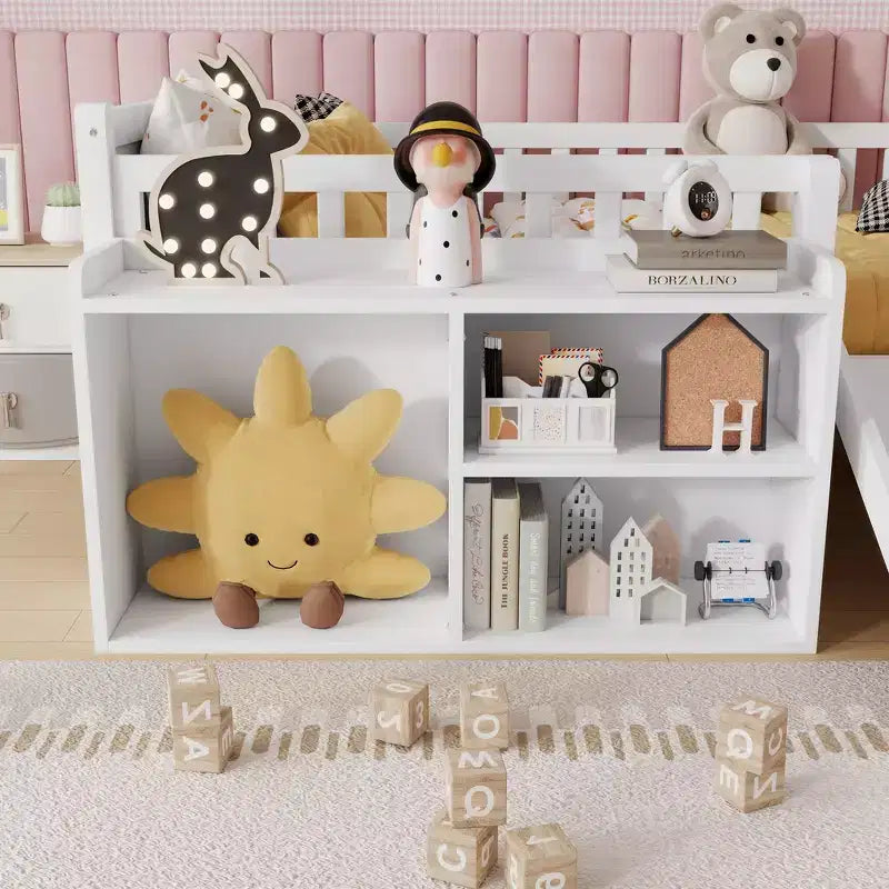 Lit superposé simple Whisen pour enfant avec toboggan, étagère de rangement mobile, balustrades, cadre de lit mezzanine bas