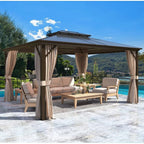 Tonnelle EROMMY à toit rigide, pergola extérieure avec double toit, moustiquaire et rideaux, auvent robuste pour patio, jardin, fête au bord de la piscine