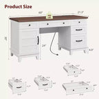 Bureau de direction de 152 cm avec tiroirs, bureau d'ordinateur avec station de charge, bureau d'écriture en bois pour étude, table de conférence pour salon