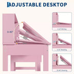 Ensemble bureau et chaise pour enfants, table d'étude en bois avec plateau inclinable réglable, tiroirs et tableau en liège - Ensemble de bureau scolaire pour enfants