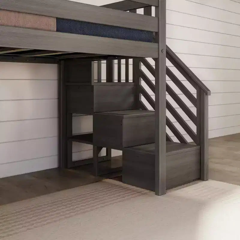 Lit bas mezzanine simple pour enfants avec toboggan et escalier, bois massif, 14 barrières de sécurité, capacité de 180 kg