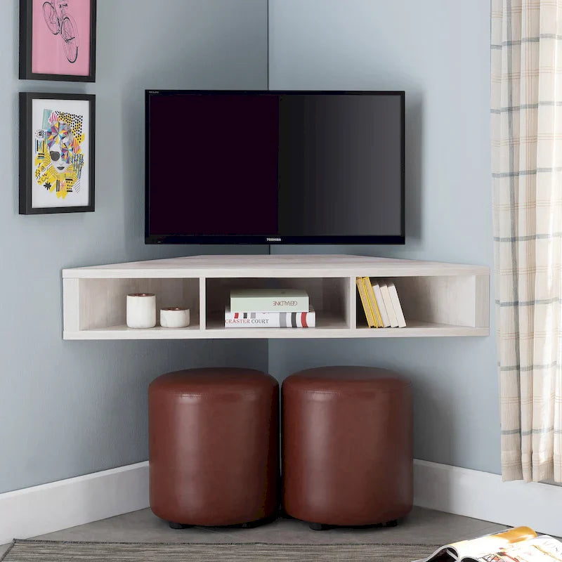 Meuble TV d'angle flottant 47", 3 étagères, style transitoire, fixation murale peu encombrante