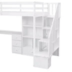 Lit mezzanine une place avec bureau en L, 3 tiroirs, placard, rangements intégrés dans l'escalier, en pin massif/MDF