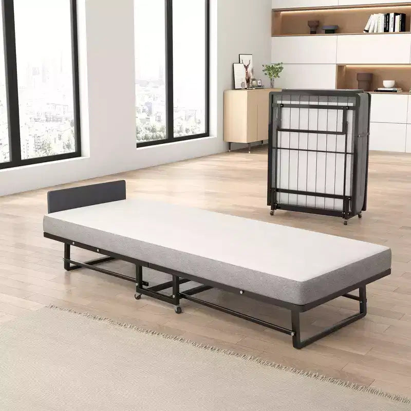 Lit pliant avec matelas, Lits d'appoint portables avec 4 roulettes, Matelas en mousse et cadre en métal, Lit pliant compact de taille berceau