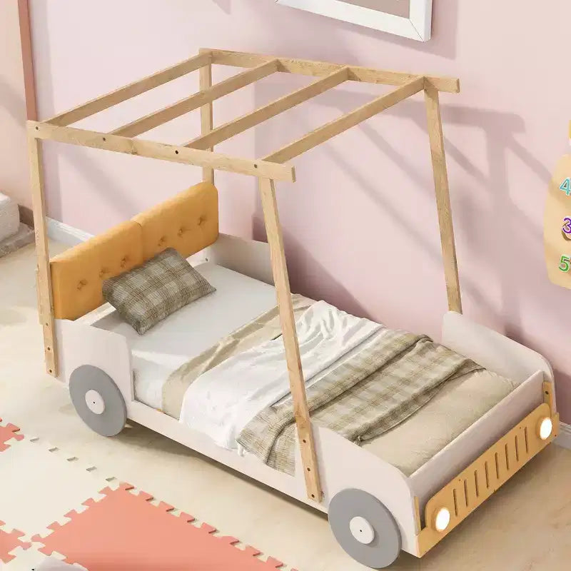 Lit de voiture Whisen Wood avec oreiller, tissu de plafond et LED - Naturel