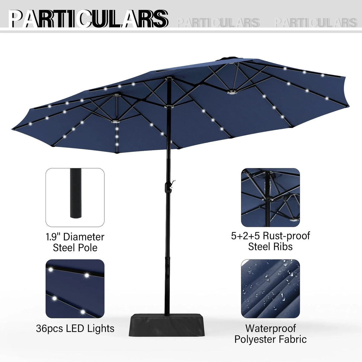 MAISON ARTS Parasol excentré rectangulaire de 4,5 m avec manivelle, parasol de marché double face d'extérieur avec lumières LED solaires et base incluse