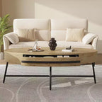 Table basse ovale Acekool avec tiroir, table de rangement en bois 120 cm avec pieds en métal croisés, table basse de style moderne du milieu du siècle en saule naturel et doré