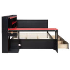 Lit de repos de jeu double/grand avec tête de lit bibliothèque, lumières LED, bureau intégré, tiroirs et station de charge