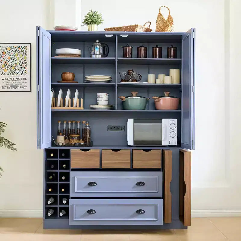 Garde-manger de cuisine autoportant Whisen de 180 cm de haut, grand buffet de salle à manger avec 4 portes pliantes, étagères, porte-bouteilles